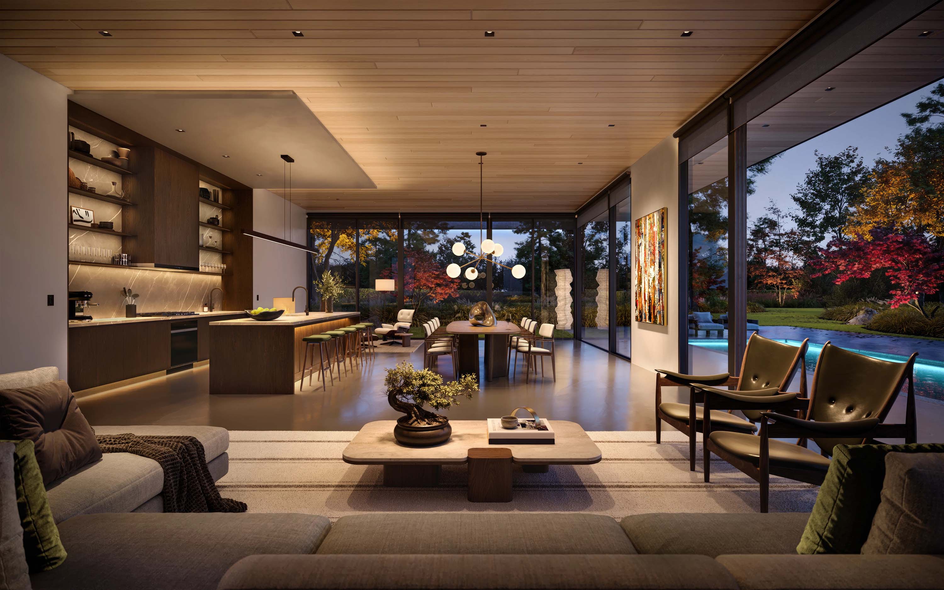 An outdoor entertainment space featuring a wall-mounted TV, stylish woven seating, and a modern bar setup with wood and metal finishes.